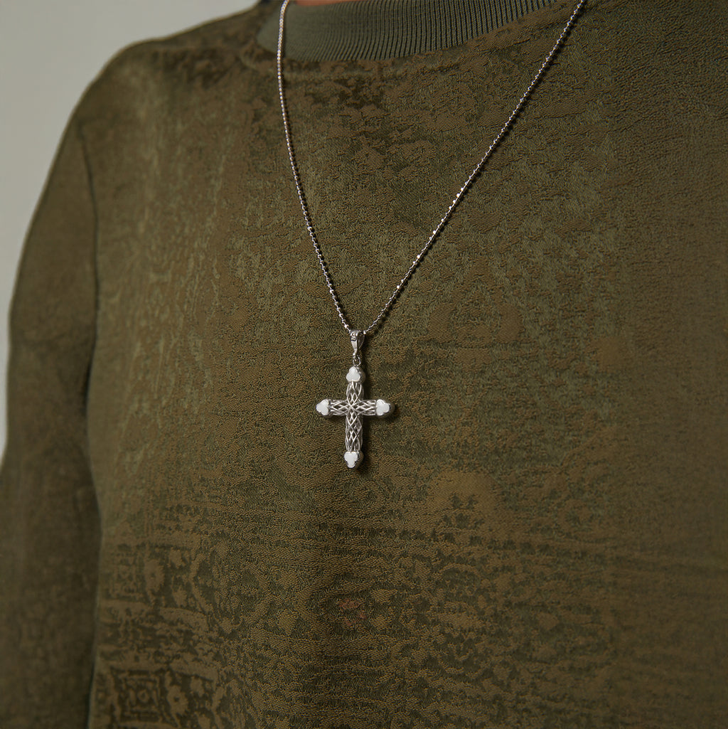Silver Cross Necklace with White Clover Motif 