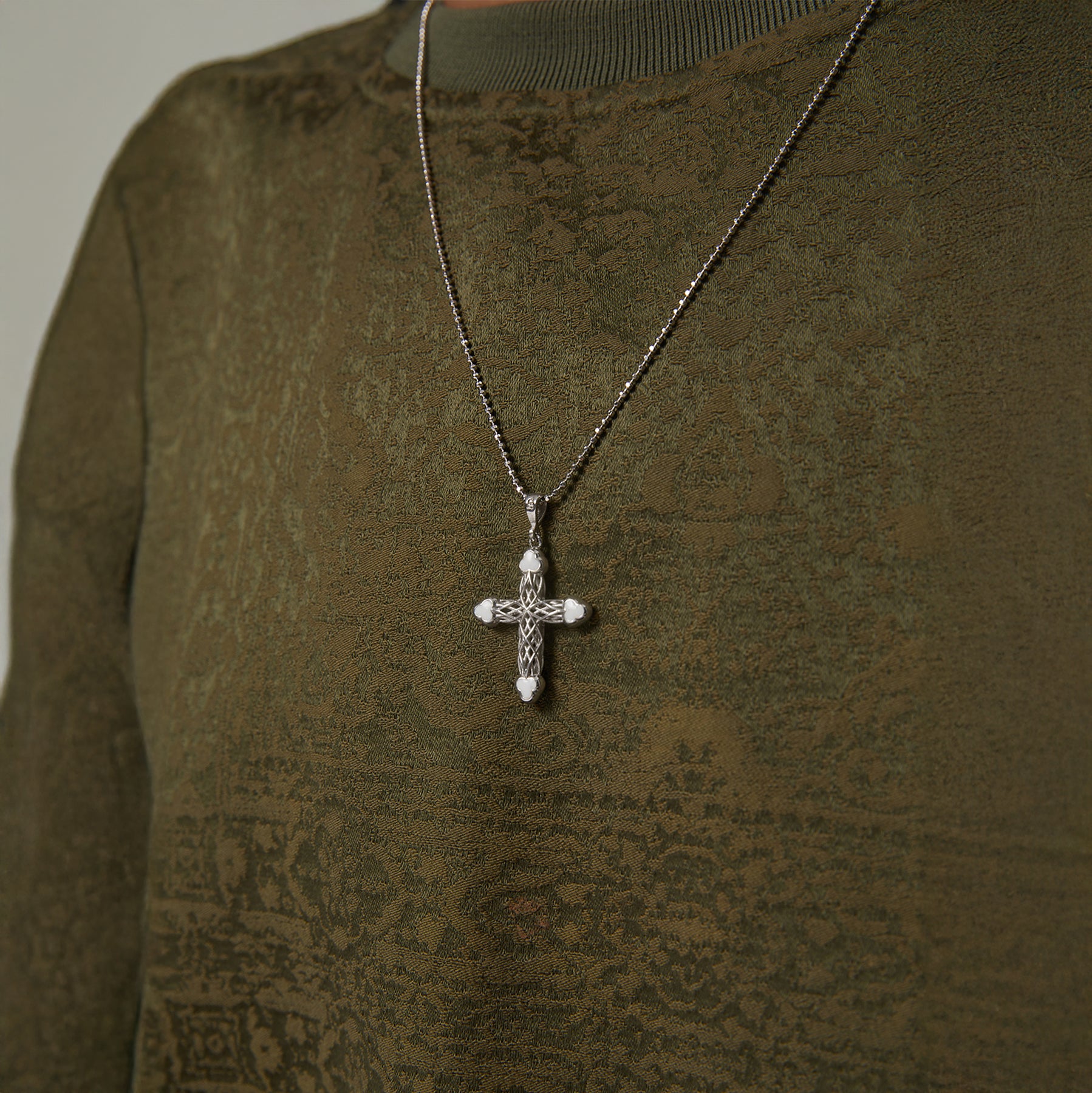 Silver Cross Necklace with White Clover Motif 