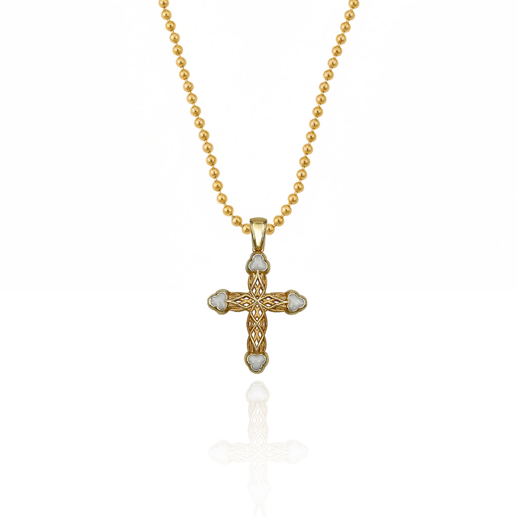 Silver Cross Necklace with White Clover Motif 