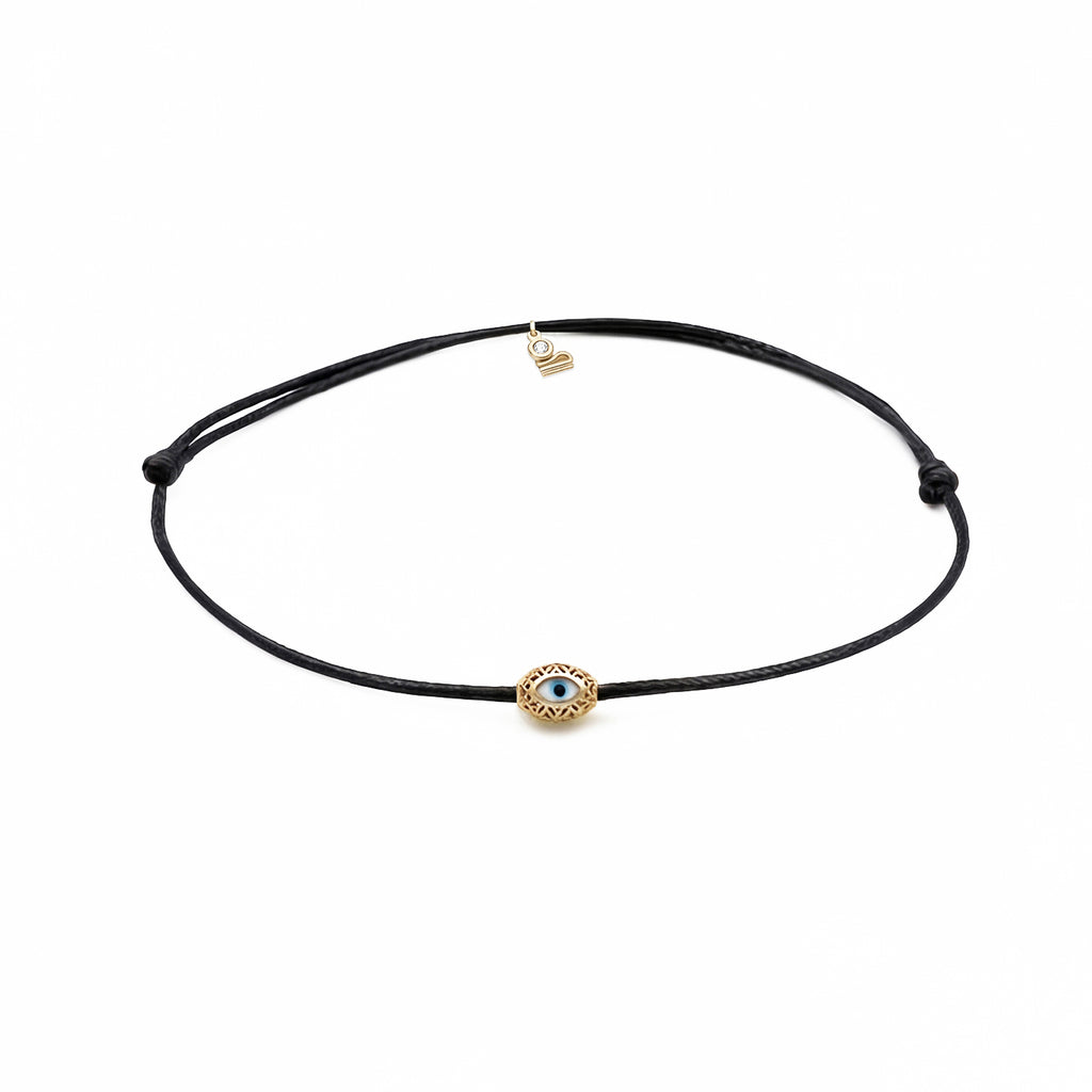 Evil Eye Marquise Black Cord Gold Plated Silver Lucky Bracelet