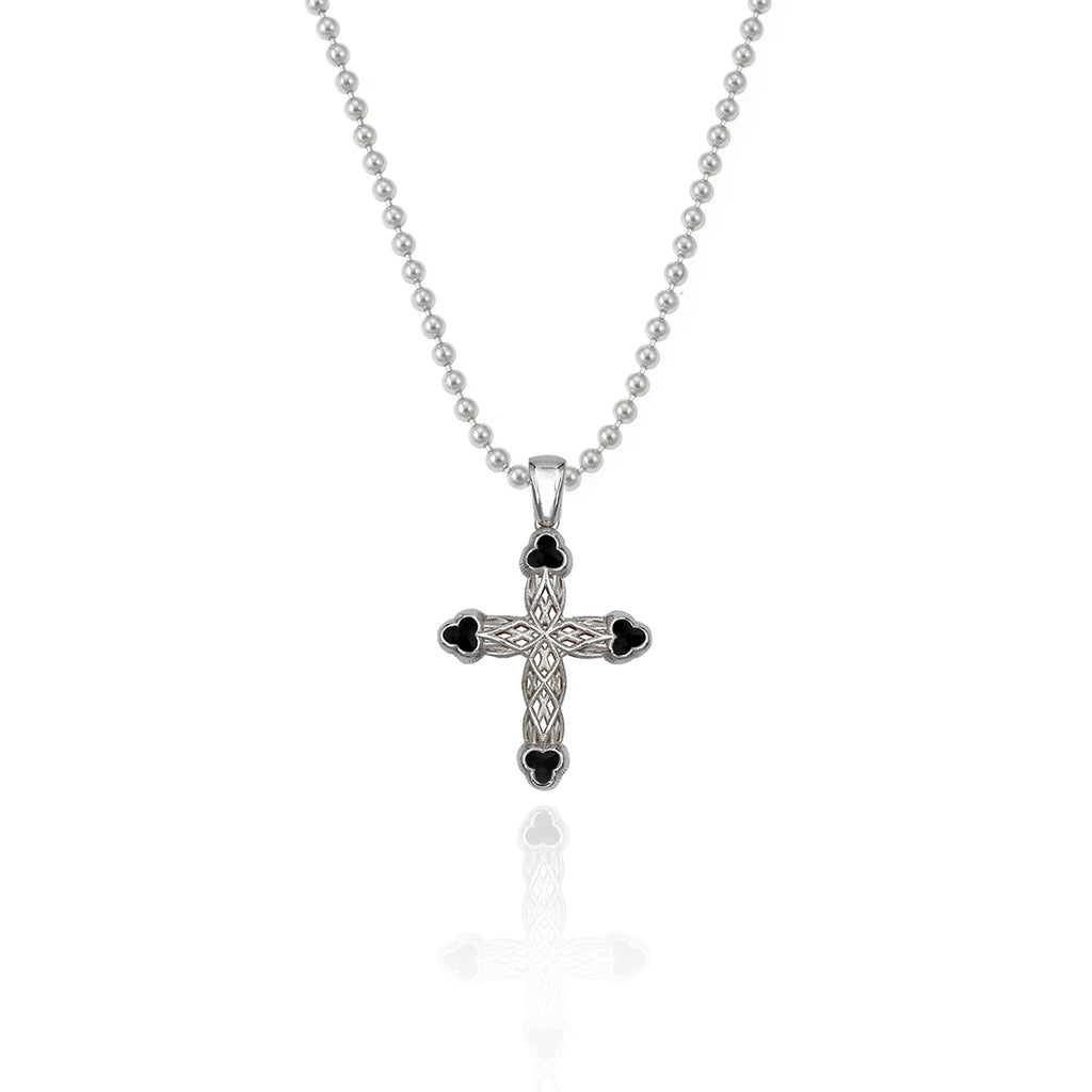 Silver Cross Necklace with Black Clover Motif 