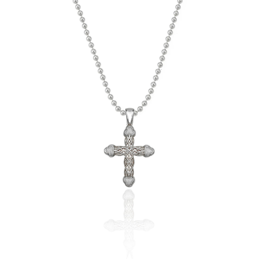 Silver Cross Necklace with White Clover Motif 