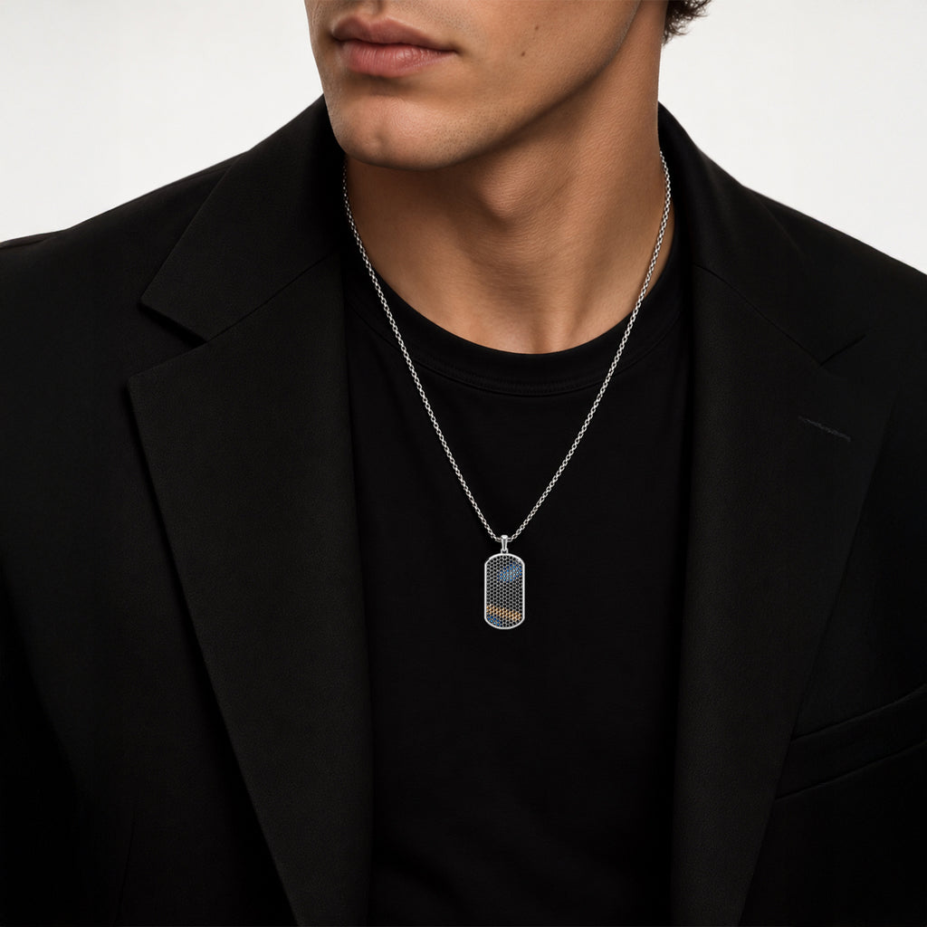 Onyx Big Frame Pavé Tag Silver Necklace