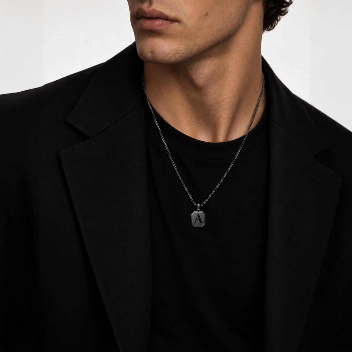Initial Square Frame Black Rhodium Silver Necklace