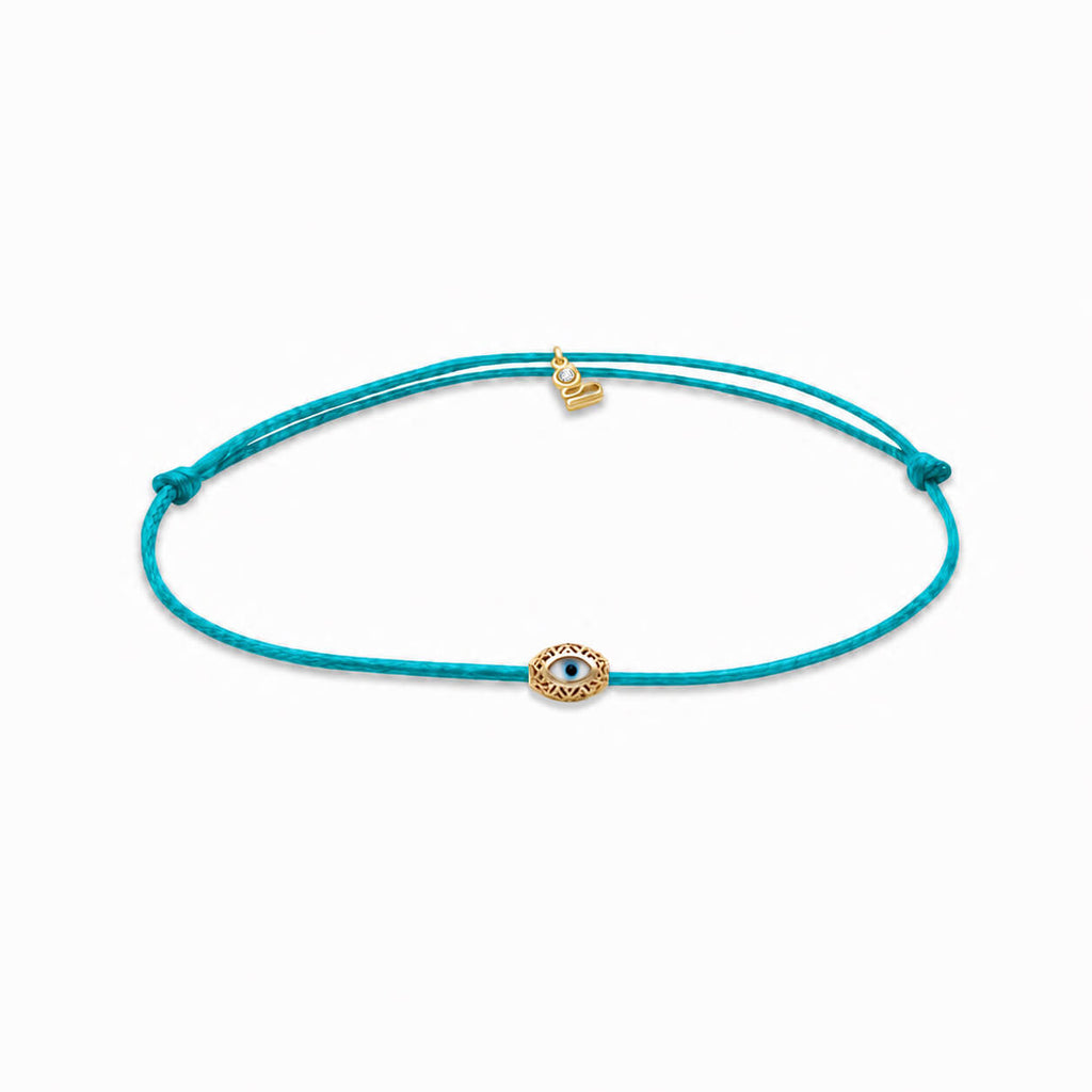 Evil Eye Marquise Black Cord Gold Plated Silver Lucky Bracelet