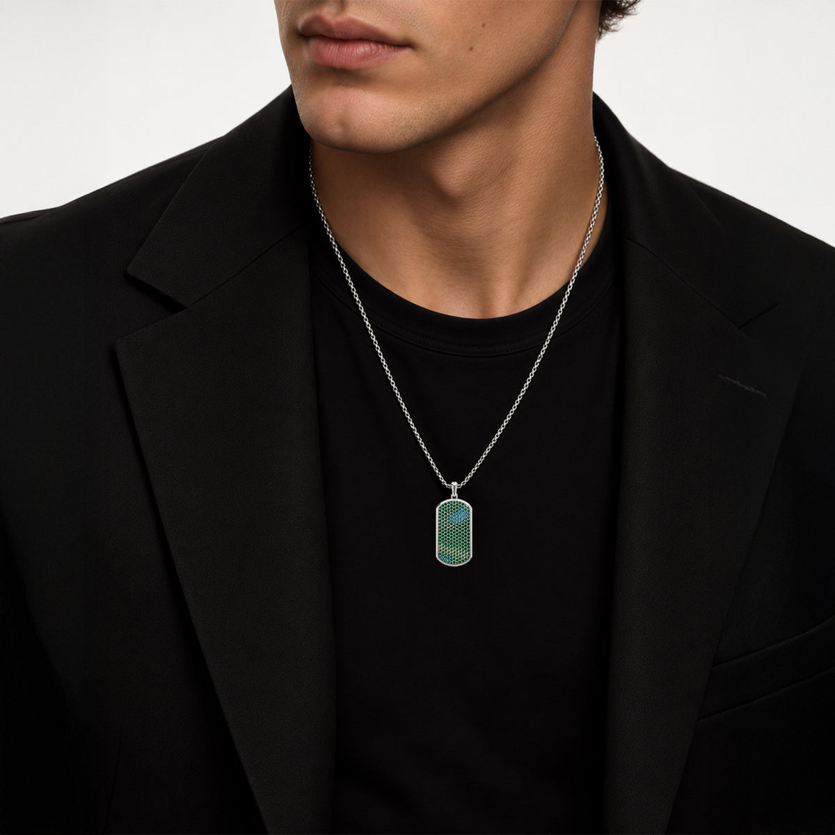 Viridian Big Frame Pavé Tag Silver Necklace